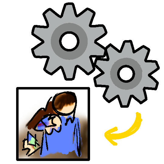 a cartoony drawing of two interlocking gray metal gears with a yellow arrow under them pointing to an ambiguous drawing resembling a caucasian person wearing a blue shirt holding something
